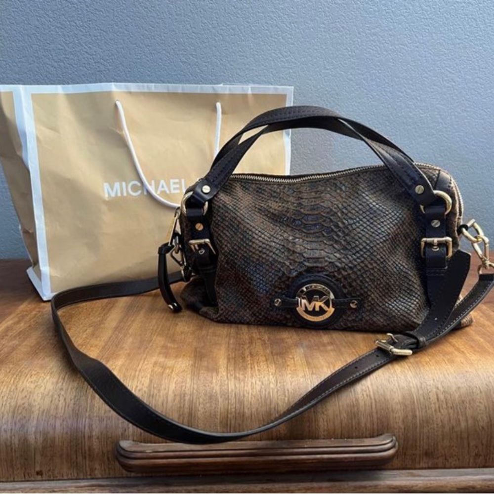 Michael Kors Brown Suede/Leather Snakeskin Shoulder Bag